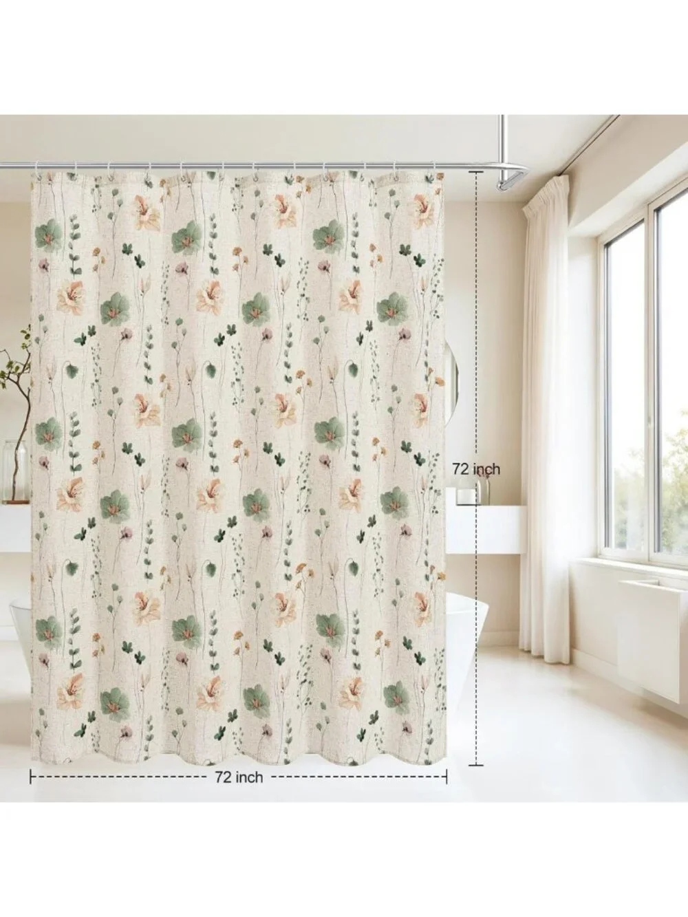 Sage Green Floral Linen Shower Curtain, 72x72, Modern Minimalist, Machine